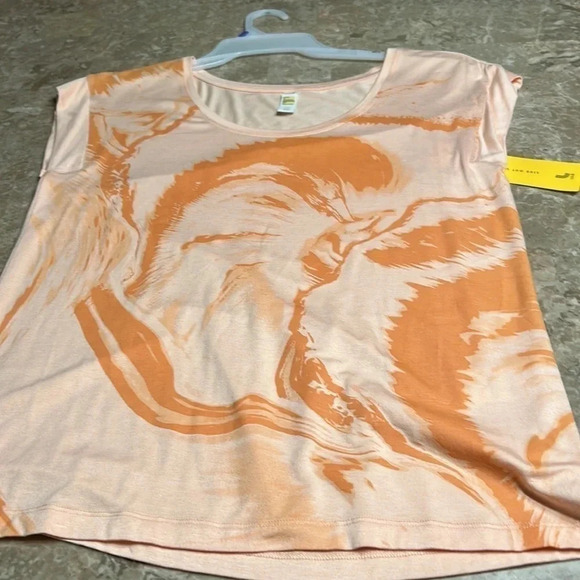 LOLE ALEXANDRA peach orange abstract design on t shirt with cap  sleeve , scoop - Picture 14 of 14